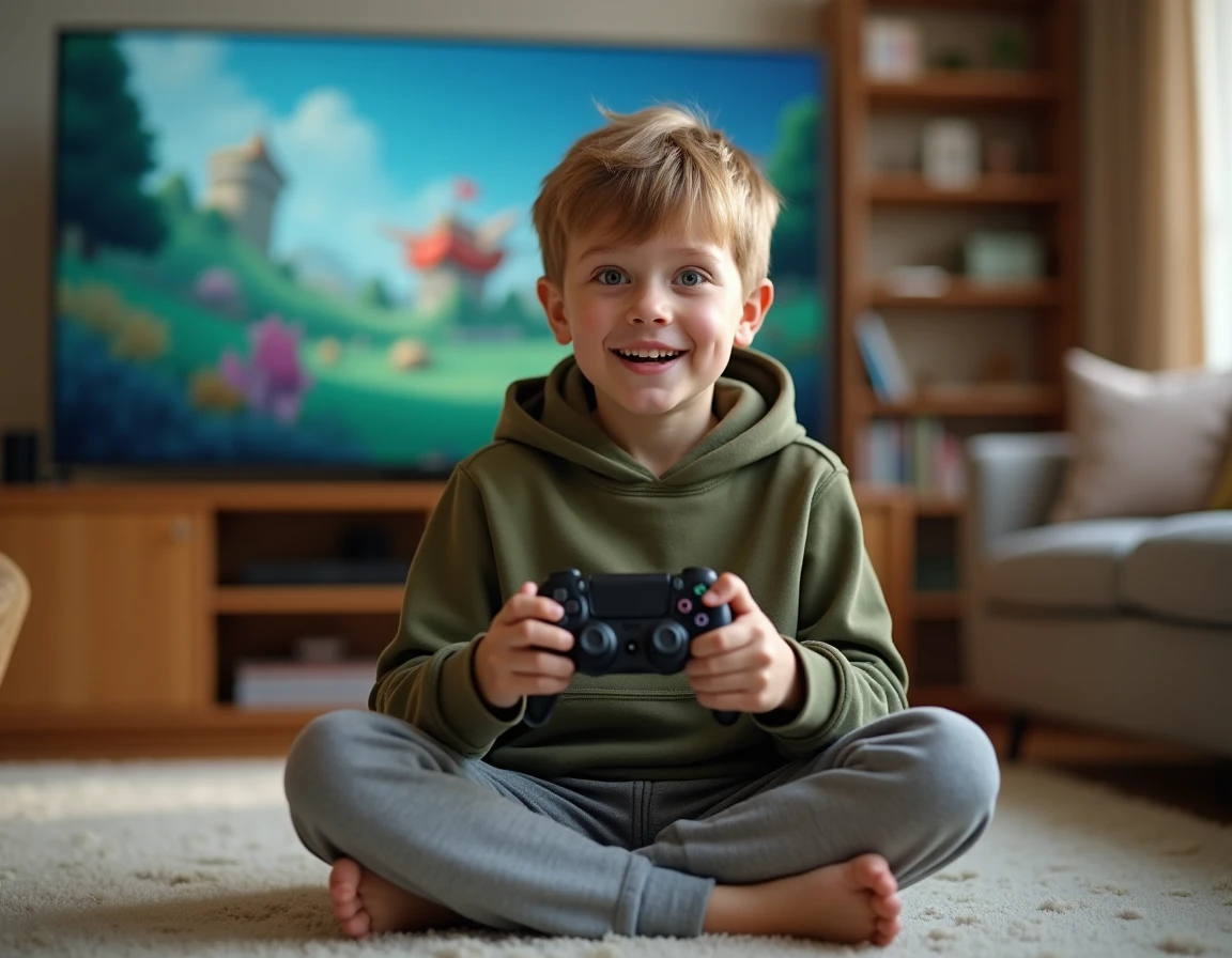 Jeune garçon jouant à la PS5 avec une manette DualSense dans un salon familial confortable