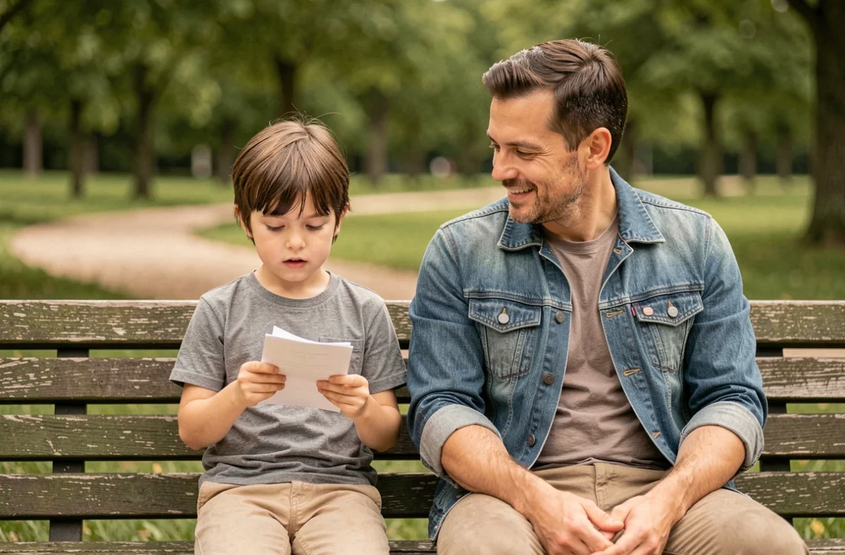 Père et enfant assis sur un banc dans un parc, l'enfant récite un poème pour la fête des pères