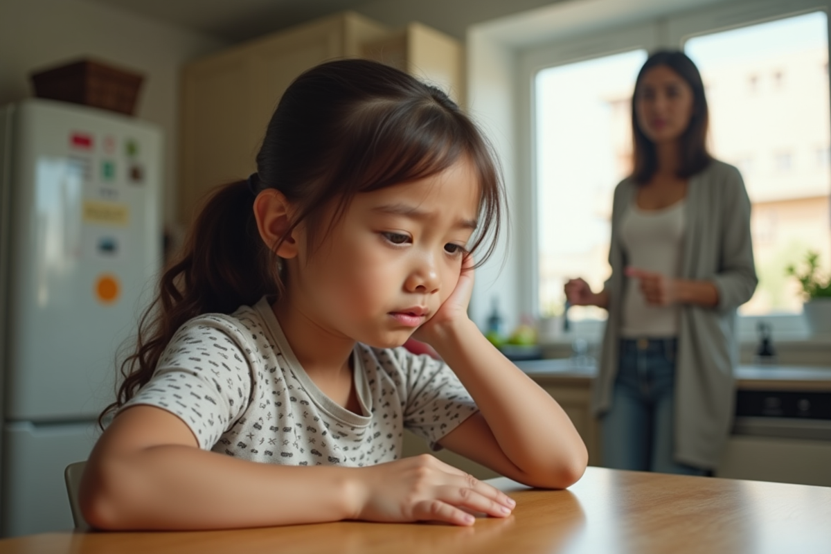 Jeune fille assise à la table de cuisine avec adulte en arrière-plan