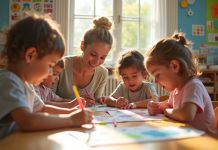 Groupe d'enfants en classe avec une enseignante souriante