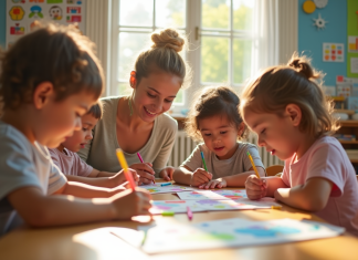 Groupe d'enfants en classe avec une enseignante souriante