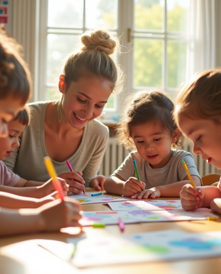 Groupe d'enfants en classe avec une enseignante souriante