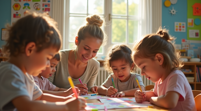 Groupe d'enfants en classe avec une enseignante souriante