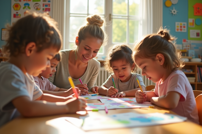 Groupe d'enfants en classe avec une enseignante souriante