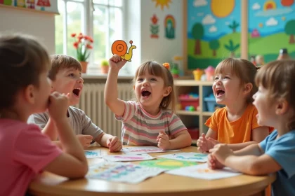 Groupe d'enfants chantant dans une classe lumineuse
