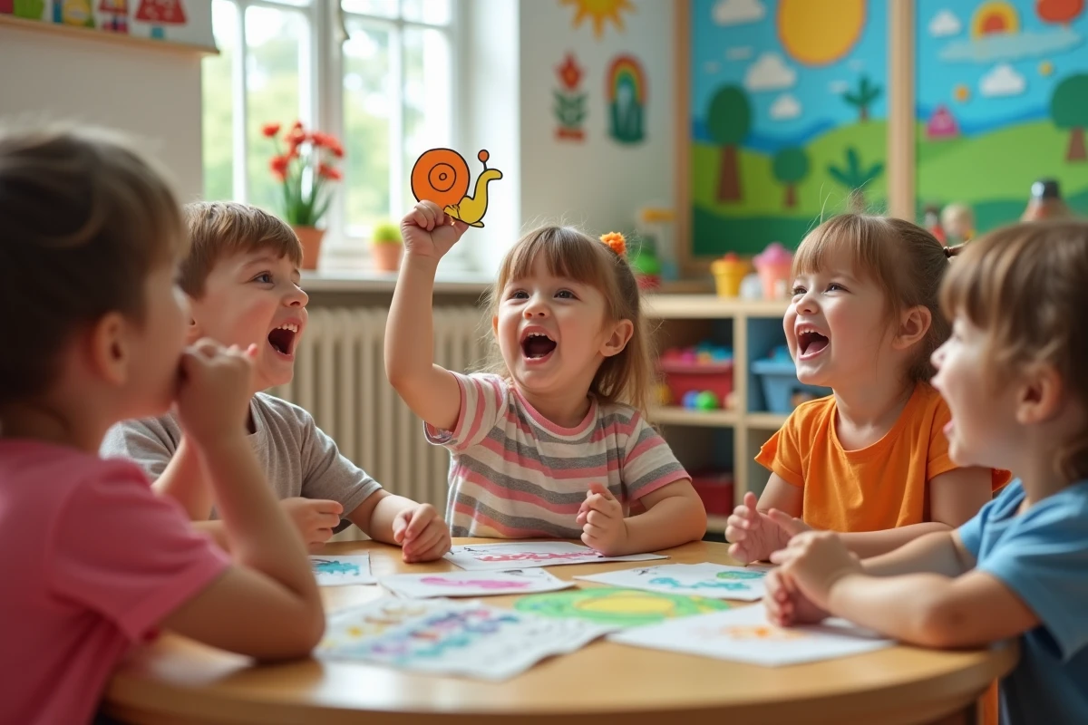Groupe d'enfants chantant dans une classe lumineuse