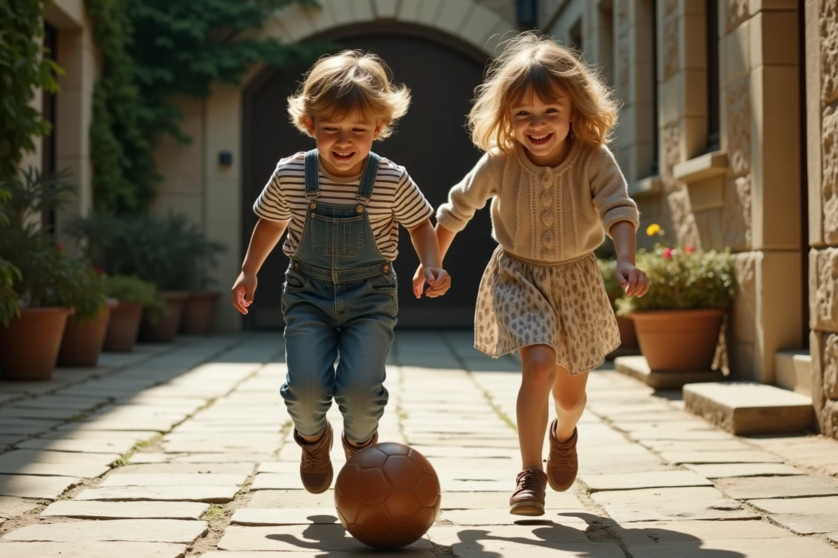 Paul et Natacha enfants jouant dans une cour parisienne