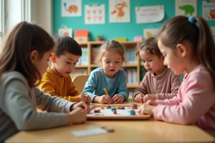 Groupe d'enfants jouant au Kim dans une classe lumineuse