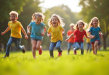 Groupe d'enfants jouant dans un parc ensoleille avec sourires