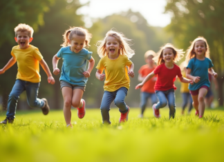 Divertir un grand groupe d’enfants : activités et idées originales pour les occuper ! Groupe d'enfants jouant dans un parc ensoleille avec sourires