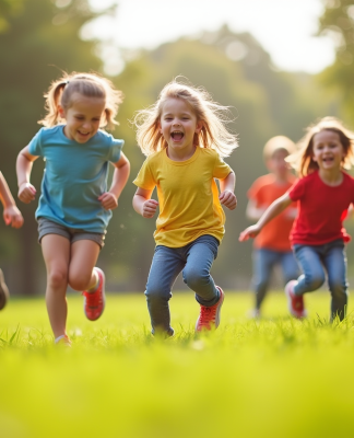 Groupe d'enfants jouant dans un parc ensoleille avec sourires