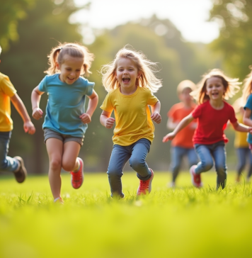 Groupe d'enfants jouant dans un parc ensoleille avec sourires