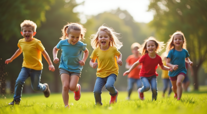 Groupe d'enfants jouant dans un parc ensoleille avec sourires