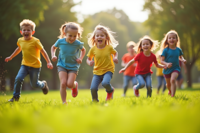 enfants-jeu-plein-air Groupe d'enfants jouant dans un parc ensoleille avec sourires