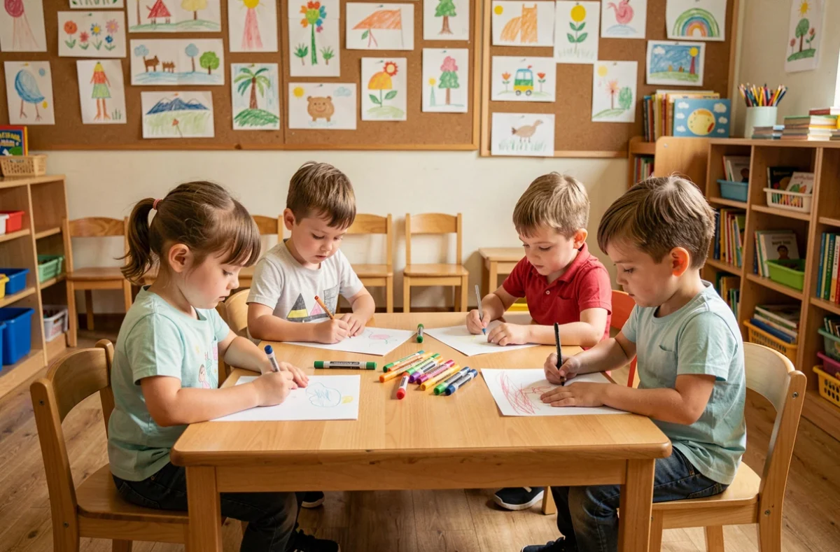 Enfants de maternelle dessinant des poèmes et cartes pour la fête des pères autour d'une table en classe