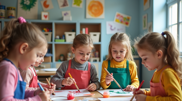 Groupe d'enfants en atelier peinture colorée