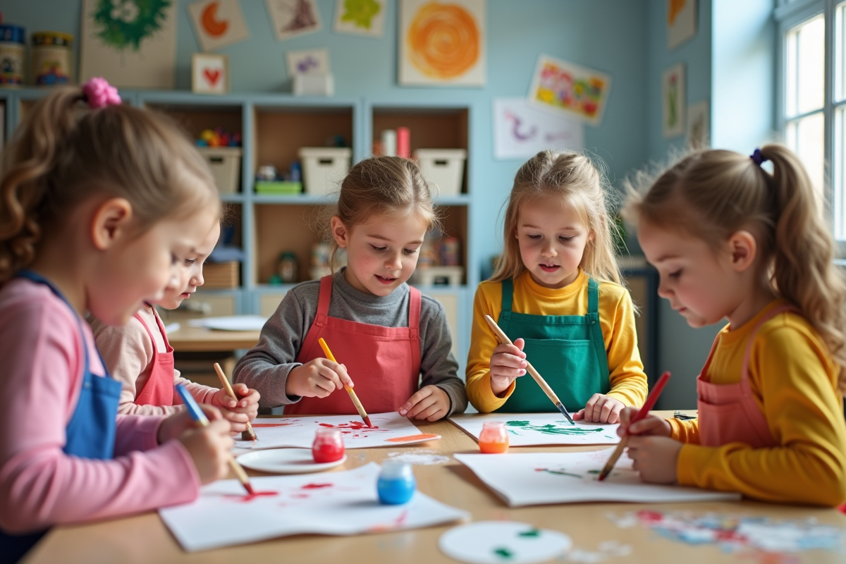 Groupe d'enfants en atelier peinture colorée