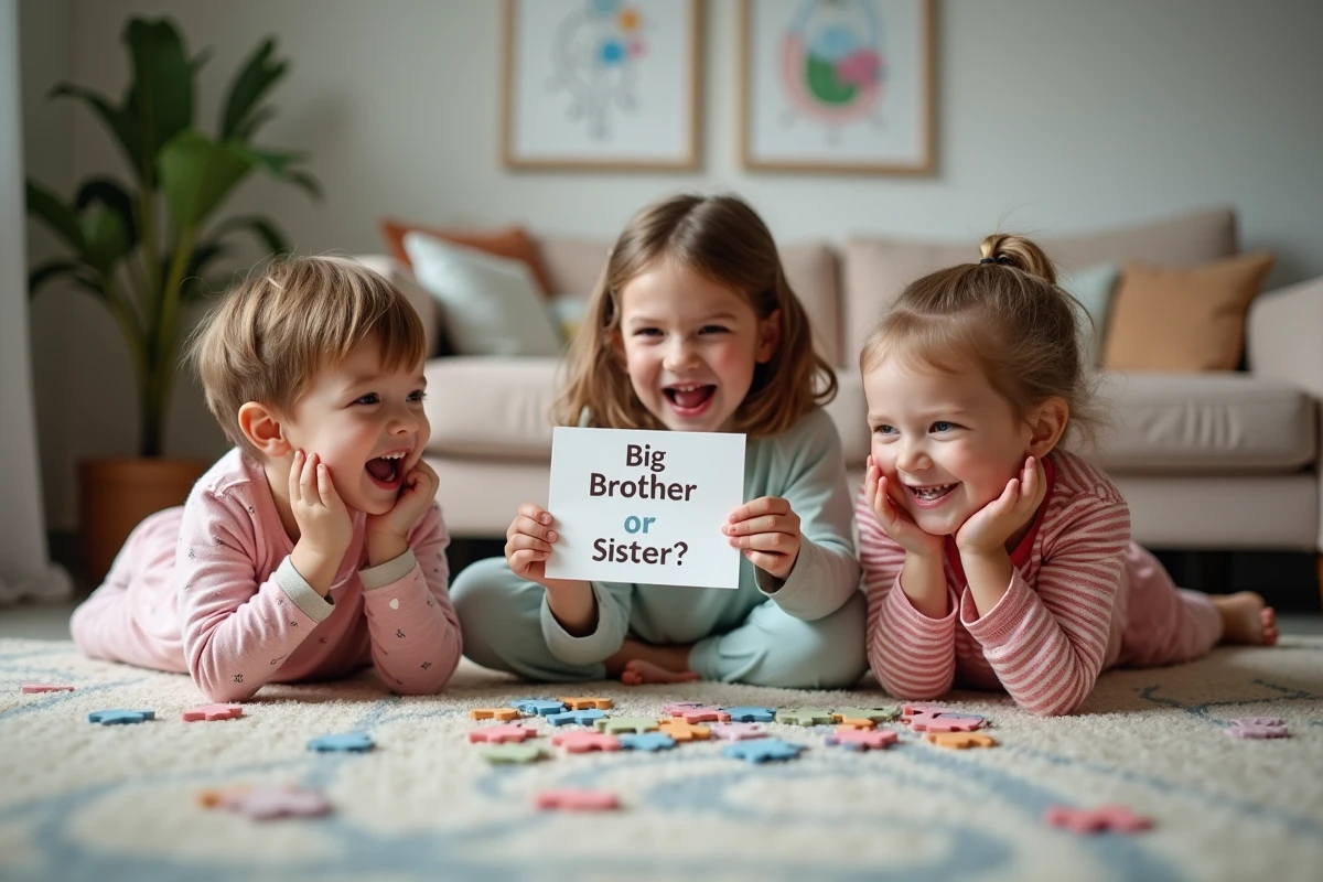 Trois enfants en pyjama jouant avec un puzzle et une carte de famille