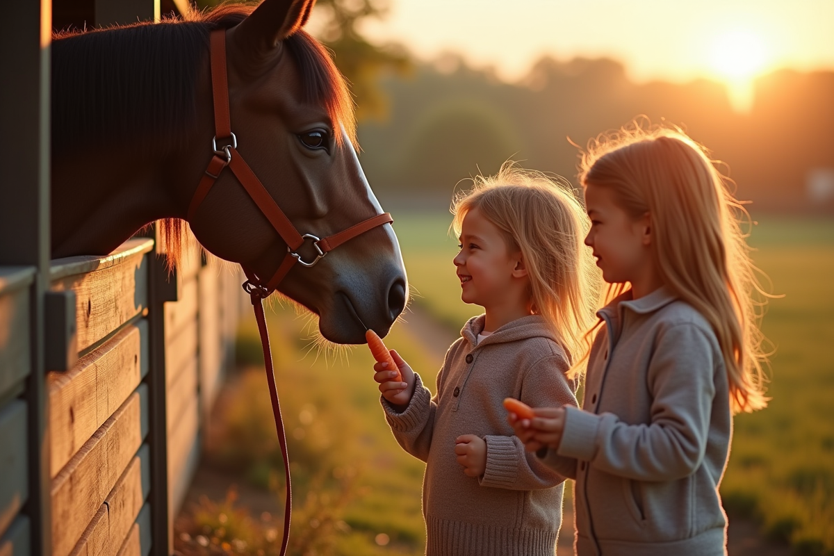 Enfants donnant des carottes à un cheval paisible près d
