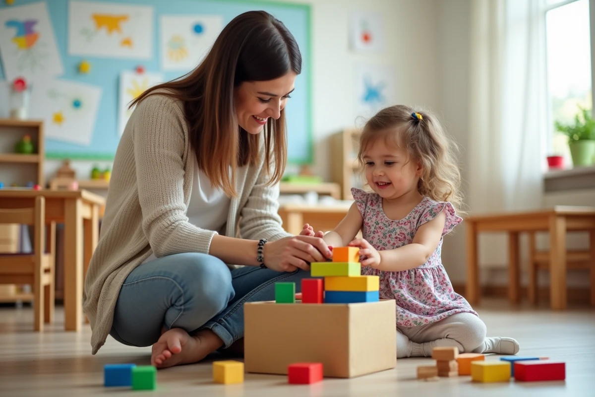 Assistante maternelle aidant une petite fille avec des blocs