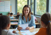 Supports pédagogiques : meilleurs outils pour enseigner efficacement Jeune enseignante distribuant des fiches colorées aux enfants