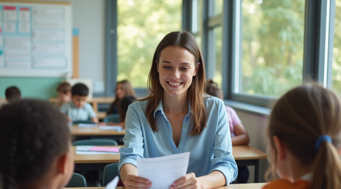Jeune enseignante distribuant des fiches colorées aux enfants
