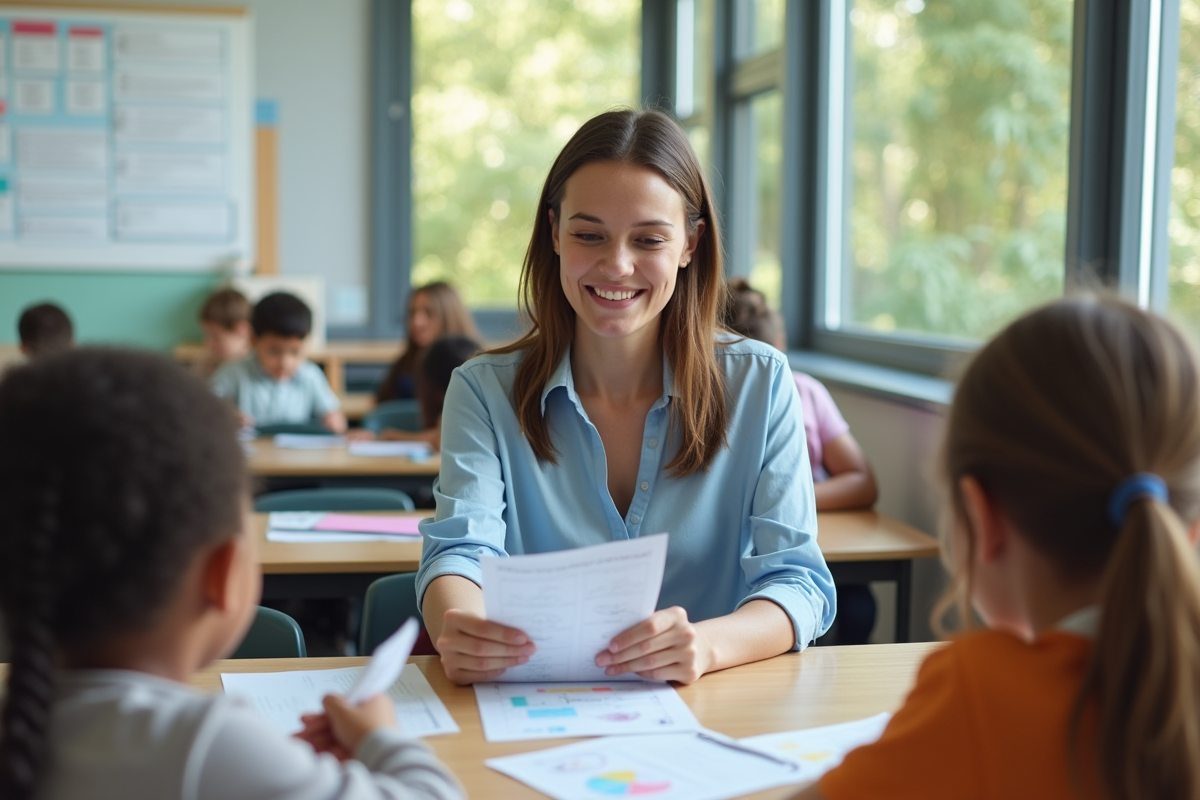 Jeune enseignante distribuant des fiches colorées aux enfants