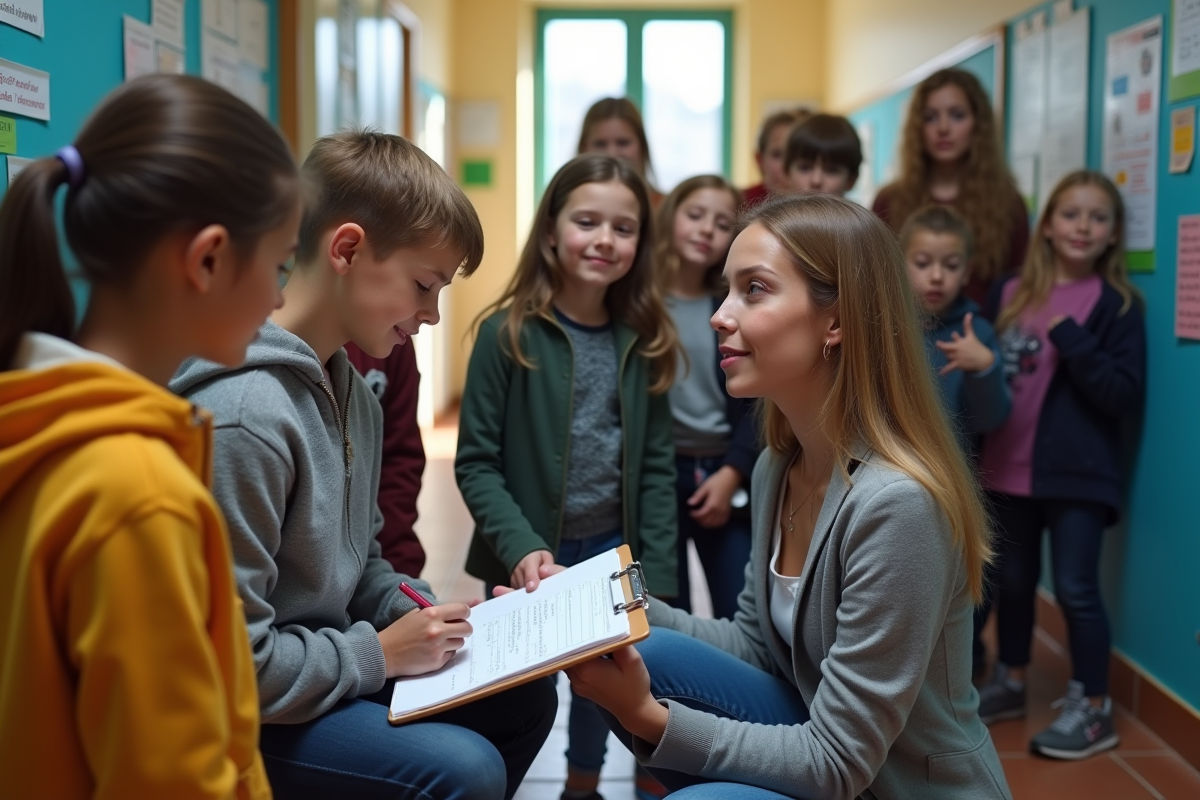 Enseignante vérifiant un formulaire avec des élèves en classe