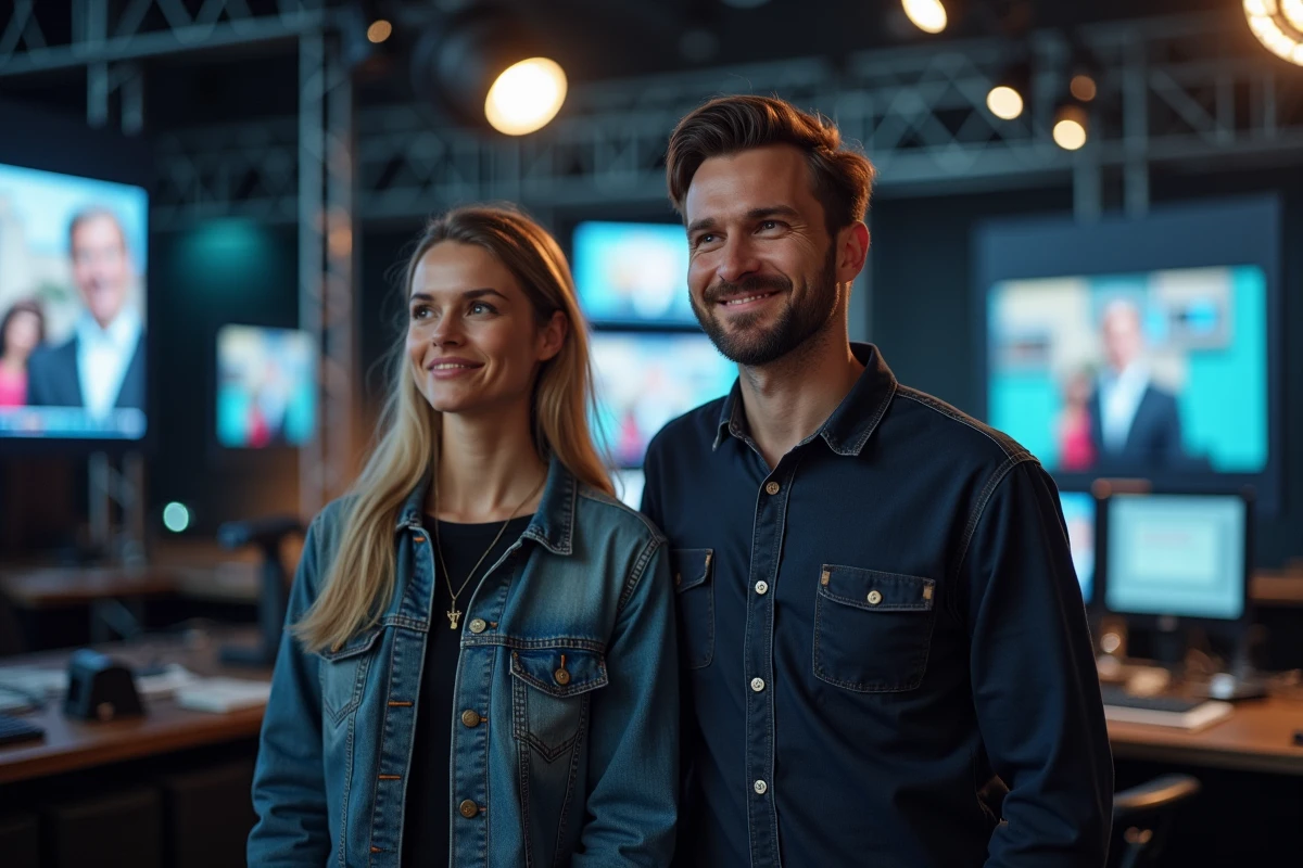 Equipe de tournage en studio regardant les moniteurs