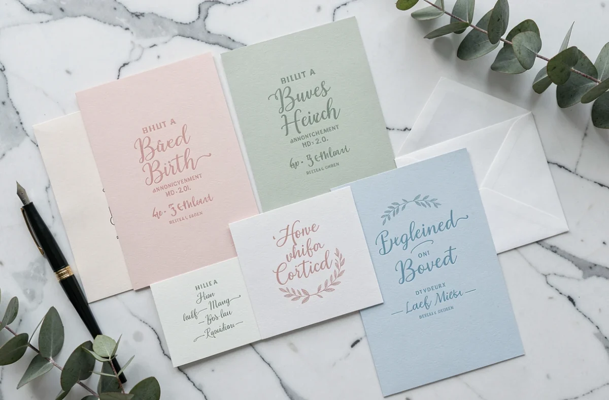 Faire-part de naissance gratuits à personnaliser présentés en flat lay sur marbre blanc avec stylo calligraphie et eucalyptus