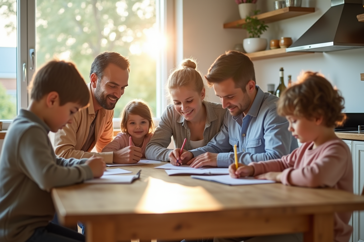Famille aidant les enfants avec leurs devoirs à la maison