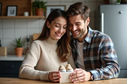Jeune couple découvrant des chaussons bébé dans un intérieur chaleureux