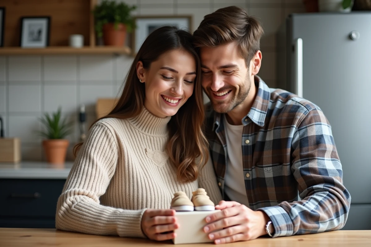 Jeune couple découvrant des chaussons bébé dans un intérieur chaleureux