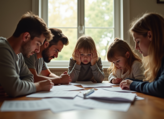 Famille autour d'une table avec des factures tendues