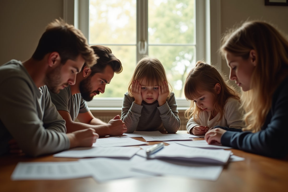 Famille autour d'une table avec des factures tendues
