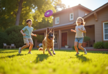 Famille souriante jouant avec un chien dans le jardin ensoleille