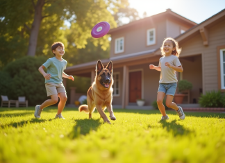 Famille souriante jouant avec un chien dans le jardin ensoleille