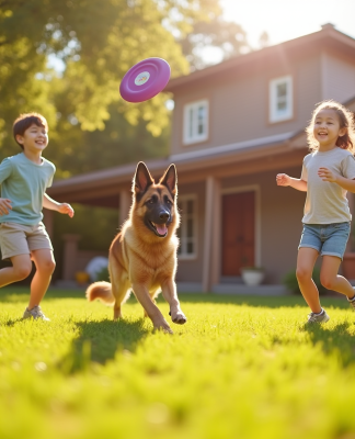 Famille souriante jouant avec un chien dans le jardin ensoleille