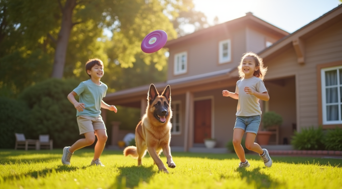 Famille souriante jouant avec un chien dans le jardin ensoleille