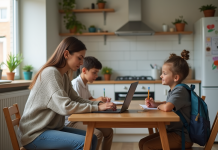 Femme avec ses enfants dans la cuisine familiale