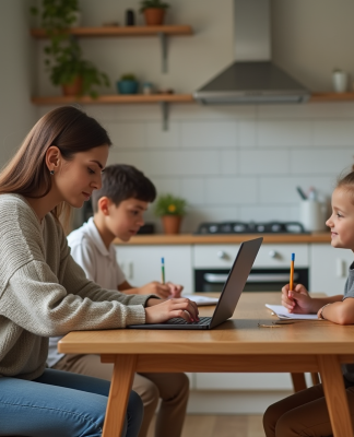 Femme avec ses enfants dans la cuisine familiale