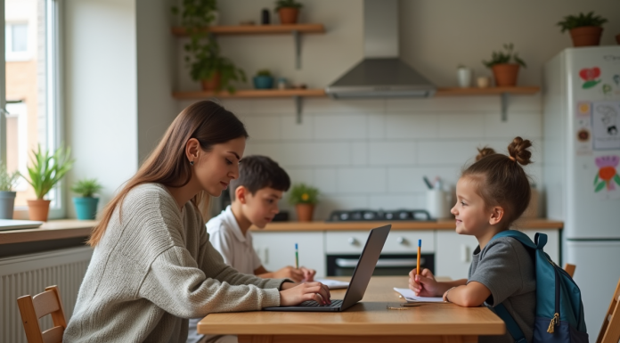 Femme avec ses enfants dans la cuisine familiale