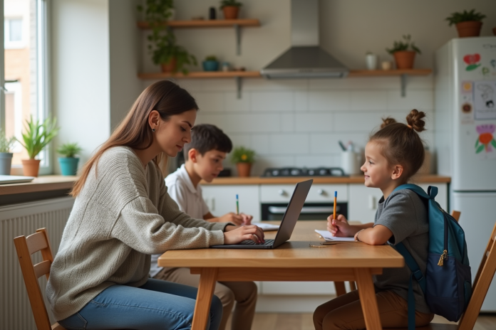 Femme avec ses enfants dans la cuisine familiale