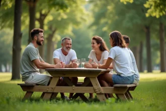 Famille en plein air autour d'une table en bois discutant de liberté personnelle et de vie privée à l'ère des réseaux sociaux