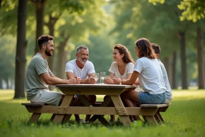 Famille en plein air autour d'une table en bois discutant de liberté personnelle et de vie privée à l'ère des réseaux sociaux
