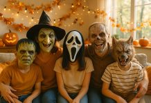 Famille joyeuse avec masques d'Halloween dans le salon