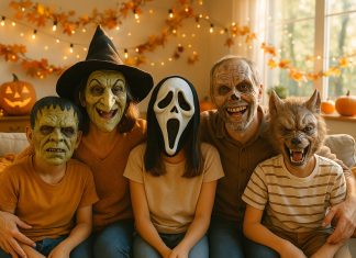 Quel masque d’Halloween choisir pour petits et grands : nos suggestions Famille joyeuse avec masques d'Halloween dans le salon