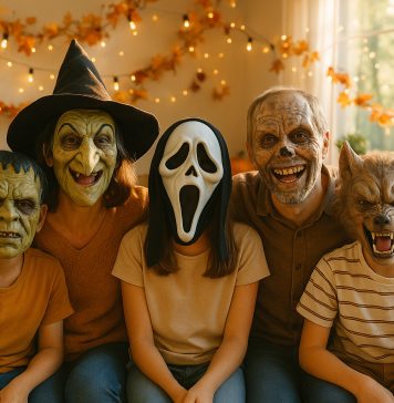 Quel masque d’Halloween choisir pour petits et grands : nos suggestions Famille joyeuse avec masques d'Halloween dans le salon