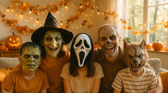 Famille joyeuse avec masques d'Halloween dans le salon