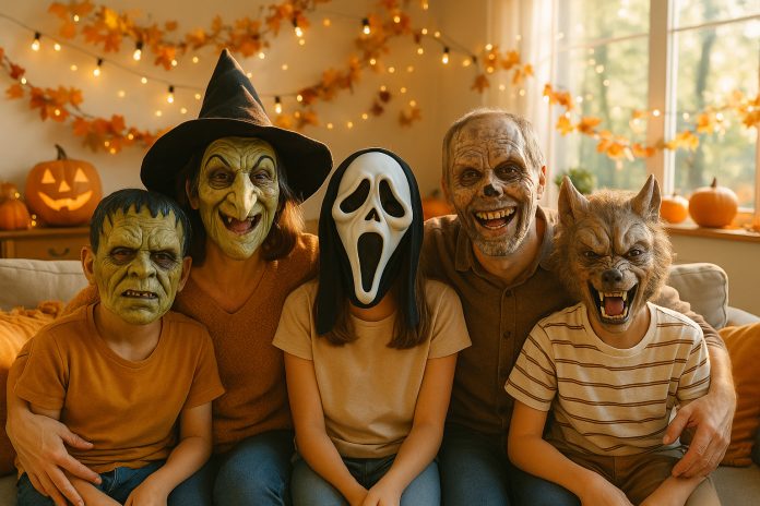 famille-halloween-domicile Famille joyeuse avec masques d'Halloween dans le salon